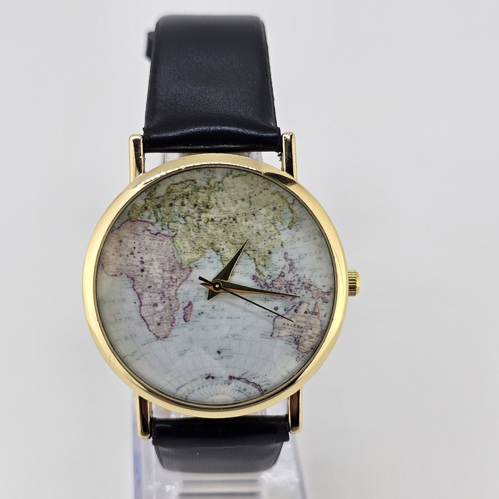Unisex World Map Watch 38MM Multicolor Dial Black Faux Leather Bands New Battery